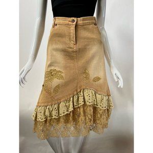 Vintage Farfalla Rosso Womens Denim Skirt Beige Layer Lace Ruffle Flower Boho M